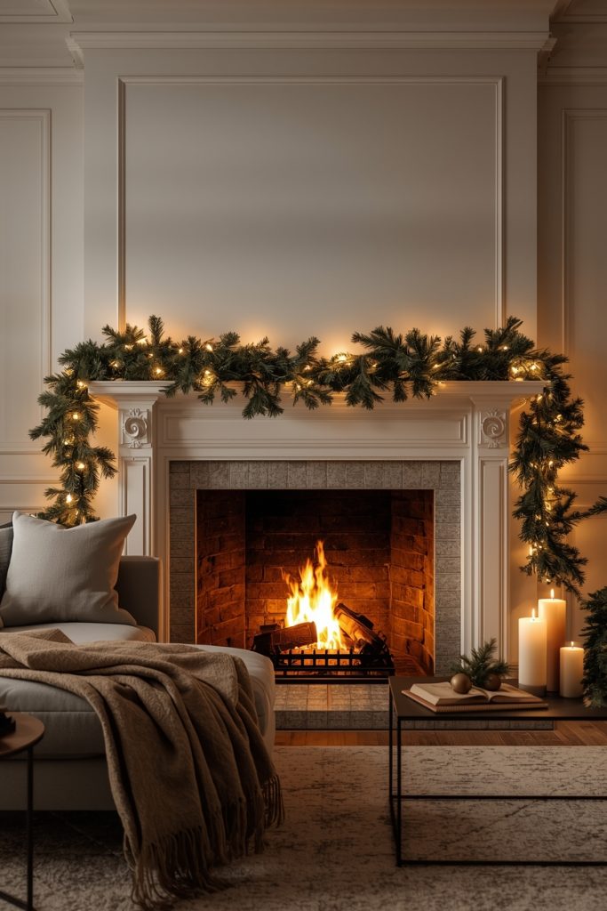 Christmas living room decor with a cozy fireplace, simple garland, and warm lighting creating a classic and inviting holiday atmosphere.