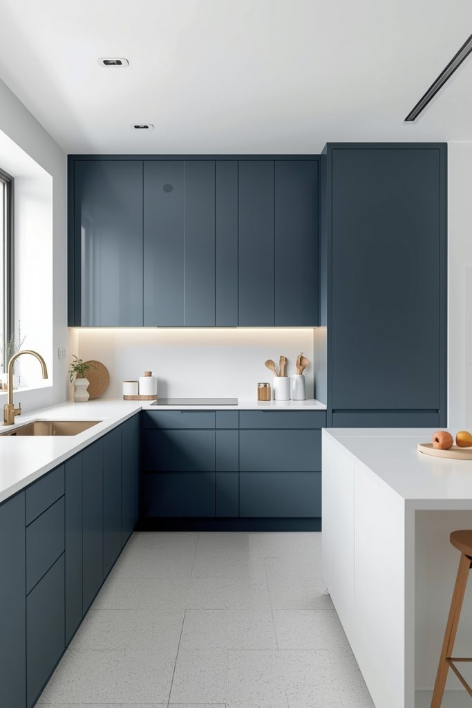 Minimalist blue and white kitchen with flat-front handleless steel blue cabinets and clean geometric lines