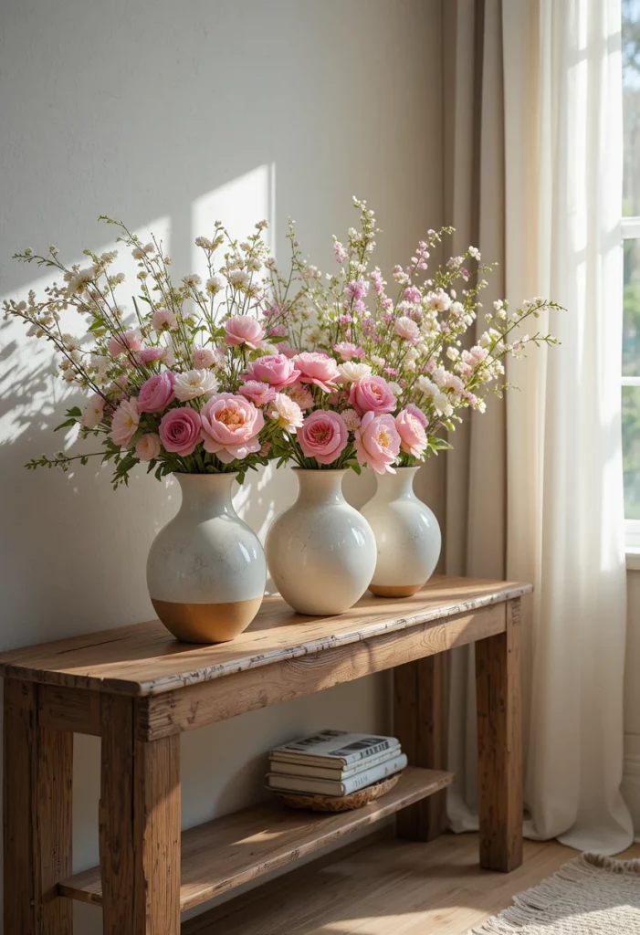 Floral living room decor with mixed vases of spring flowers on a console table