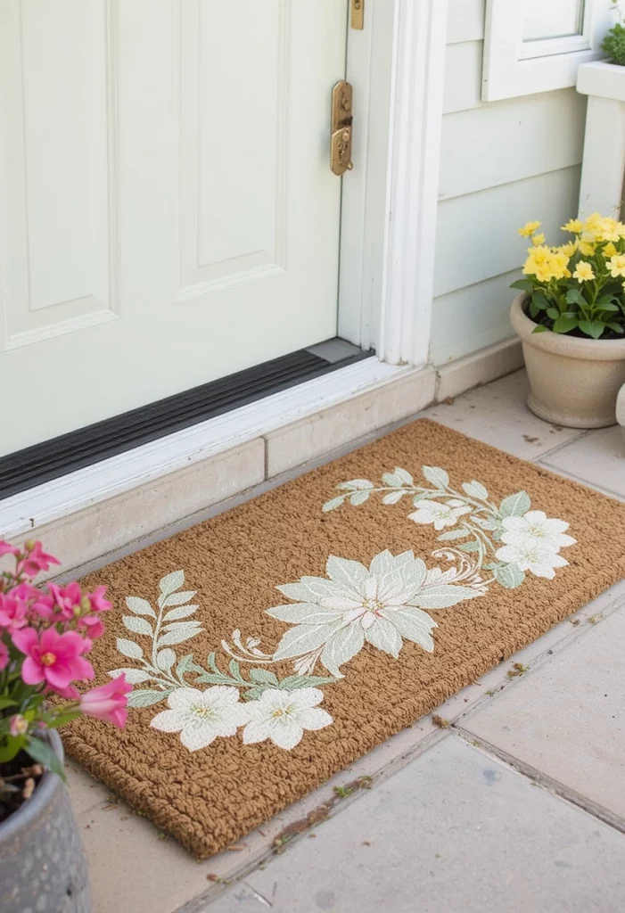 DIY stenciled floral doormat in green and white for spring porch decor