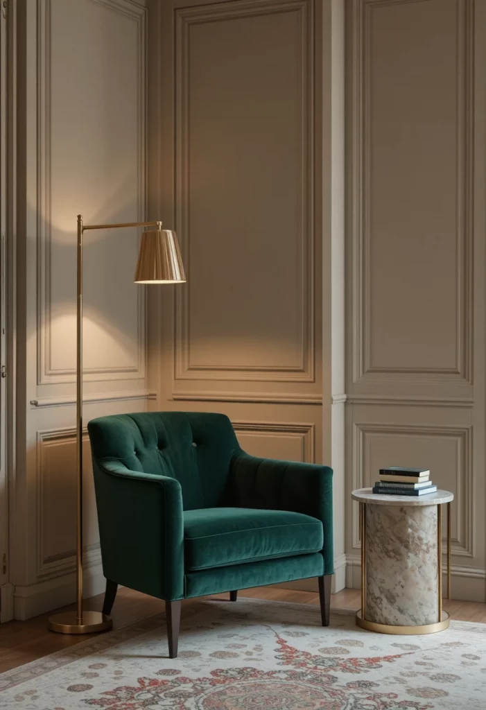 Forest green velvet chair in a beige living room corner with gold lamp