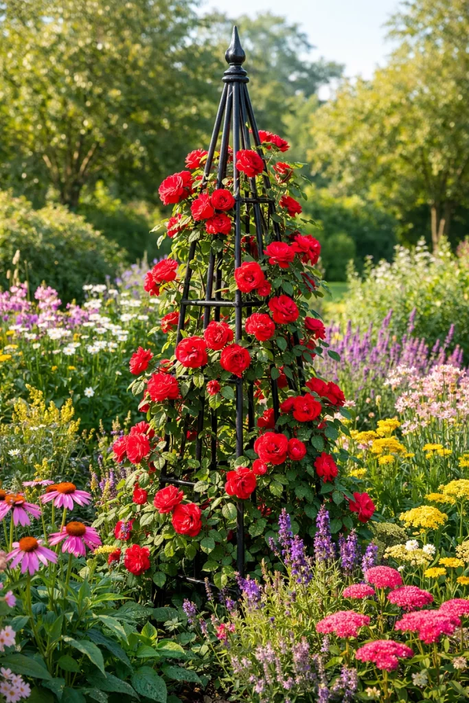 Wrought iron obelisk trellis with climbing roses in a flower bed β dramatic garden trellis ideas for outdoor beds