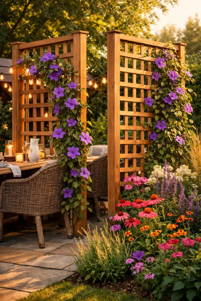Garden trellis ideas for outdoor entertaining using freestanding wooden screens with clematis as a garden room divider