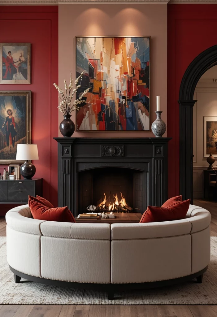 Modern living room decor with curved bouclé sofa, bold artwork and black brass details