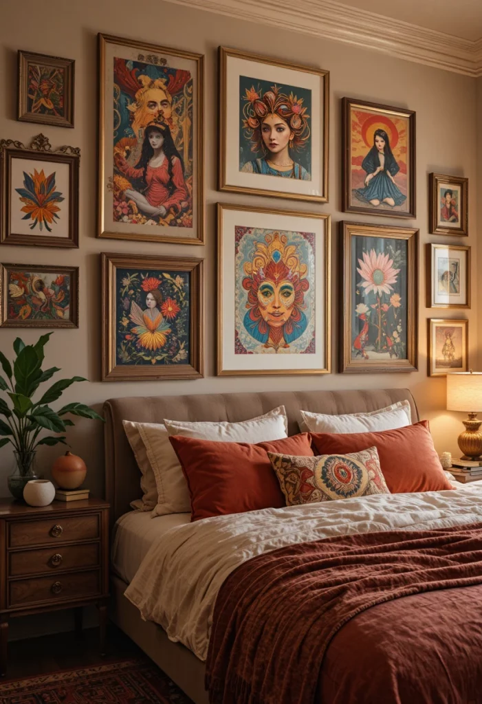 Colorful art gallery wall in a bedroom with mixed frames in warm terracotta and gold tones