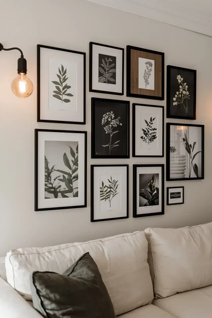 Budget gallery wall idea for living room using thrifted black frames with printed art and botanical prints on a cream wall