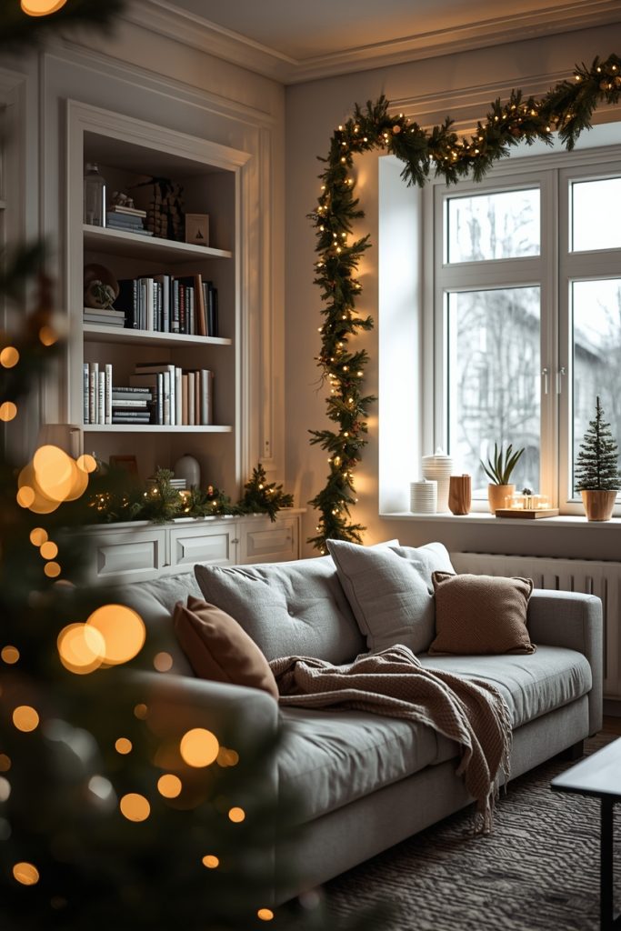 Christmas living room decor with pine garlands on shelves and window creating a warm and inviting holiday atmosphere.