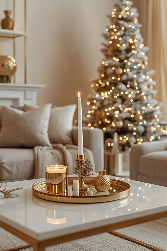 Christmas living room decor with gold accents, warm lighting, and elegant styling creating a cozy and luxurious holiday atmosphere.