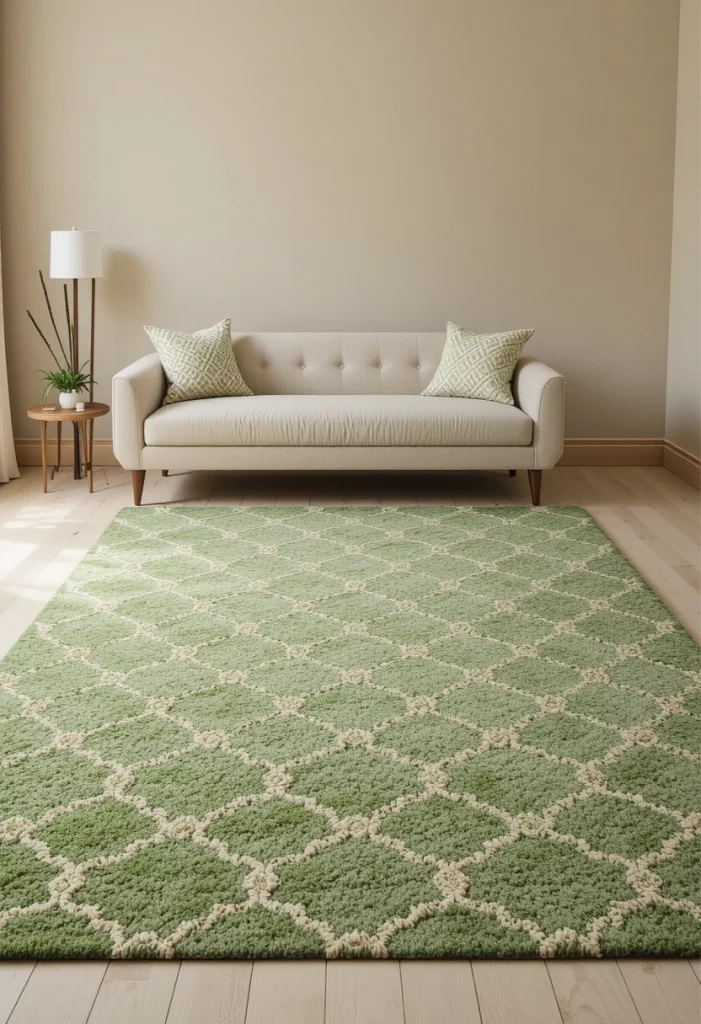 Green and cream geometric rug in a bright neutral beige living room