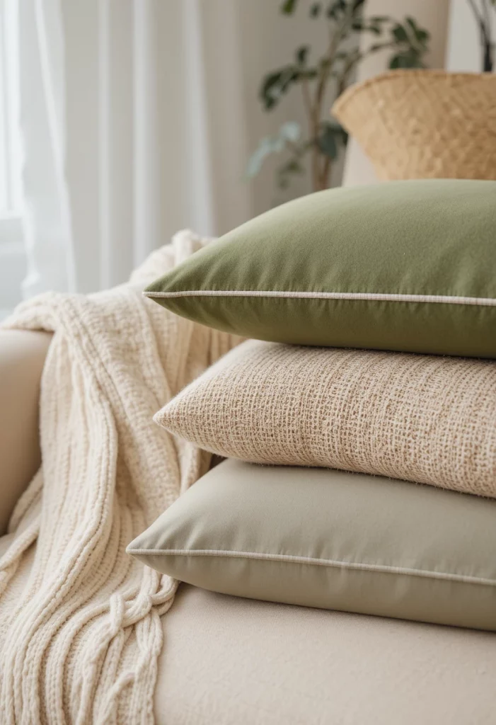 Layered green and beige textiles on an armchair in a cozy living room