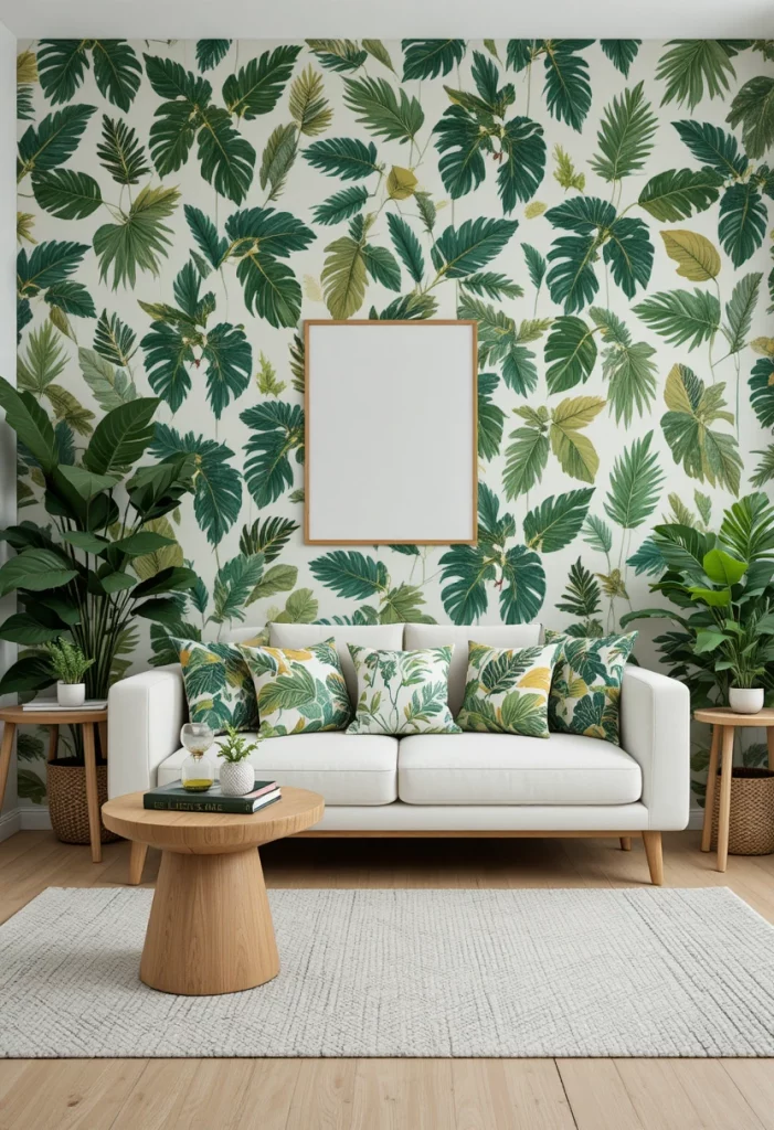 Botanical print living room with green and yellow leaf patterns on wallpaper and cushions