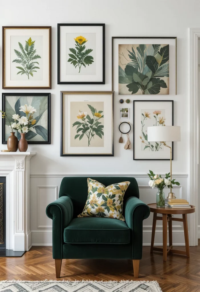 Gallery wall with green and yellow botanical and abstract art prints in a modern living room