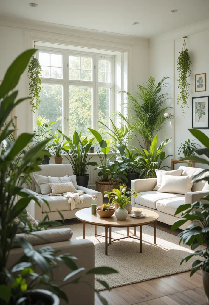 Greenery-filled aesthetic living room with indoor plants and natural decor