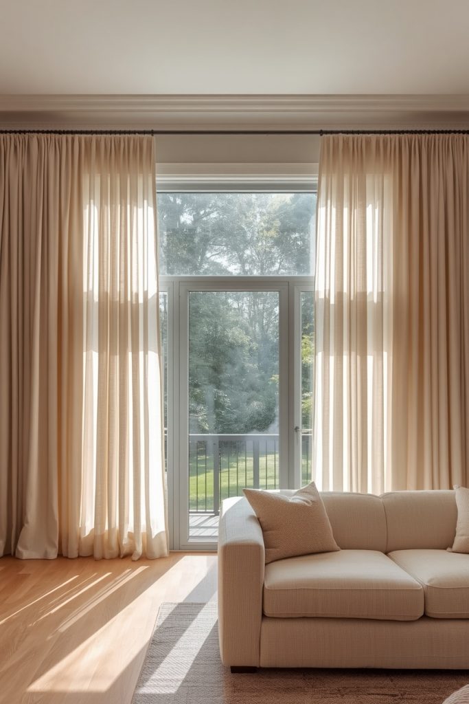 Aesthetic living room 2026 with ceiling-height sheer linen curtains creating tall airy feel and warm filtered morning light