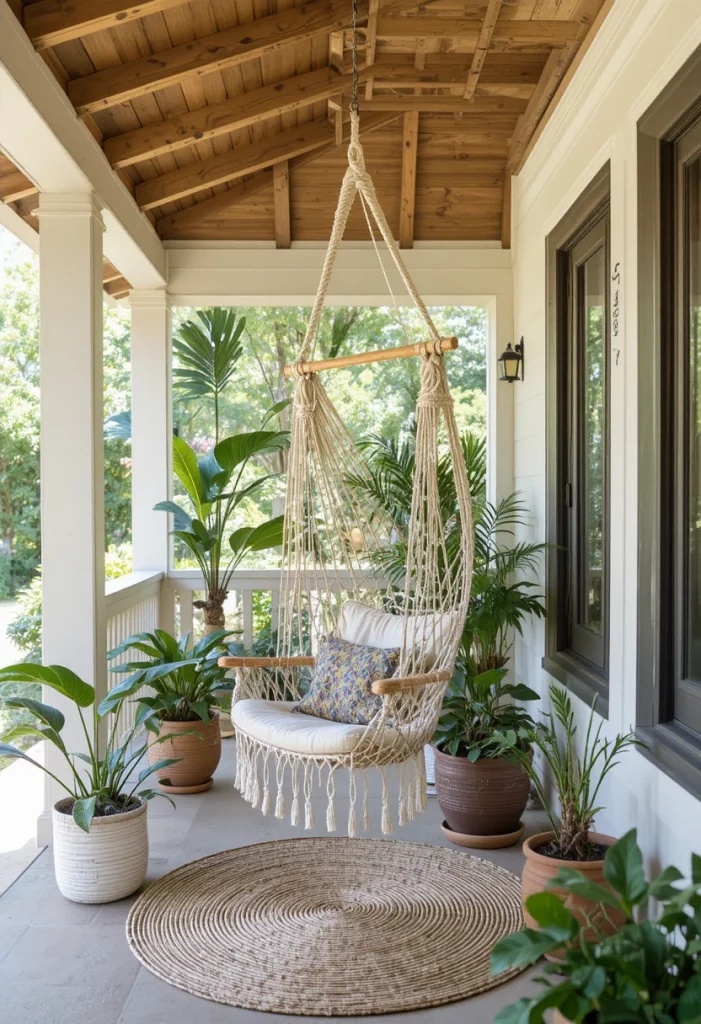 Boho cotton hammock chair hanging on summer porch with tropical plants and jute rug