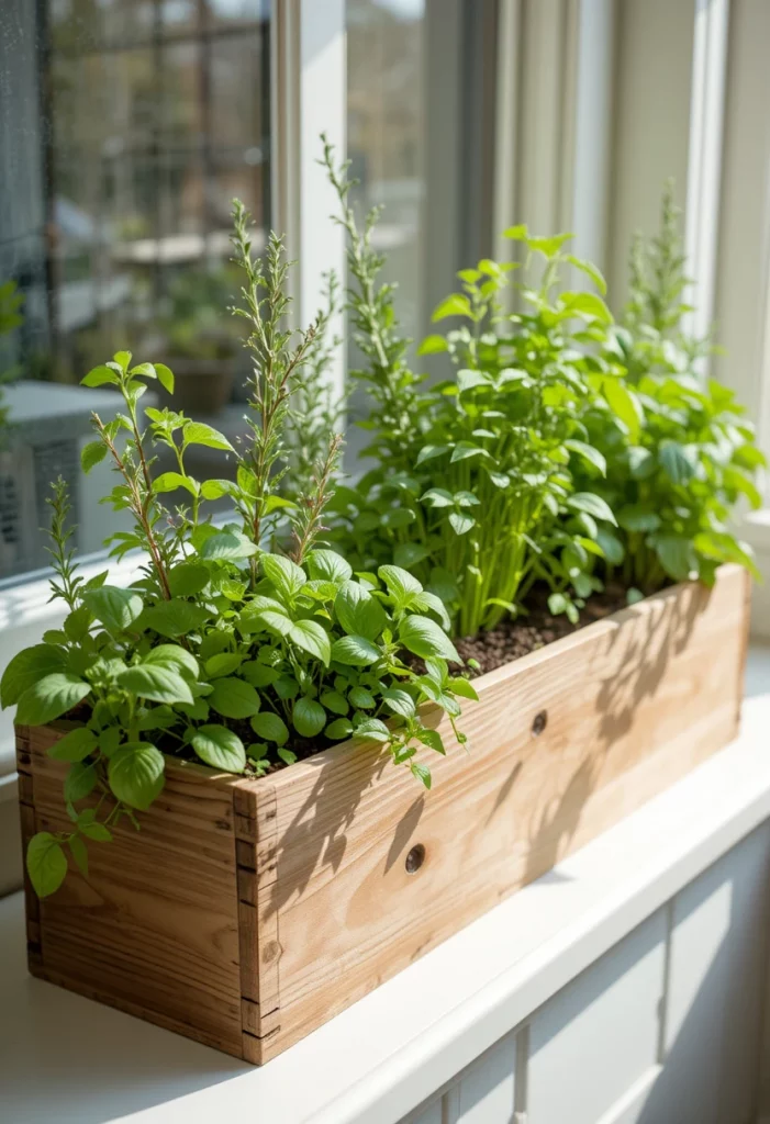 DIY window box herb garden with basil and rosemary on a kitchen windowsill spring decor