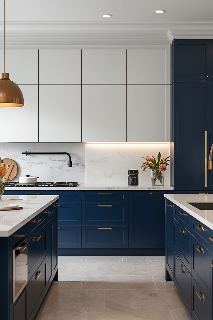 Modern high-contrast blue and white kitchen with glossy white upper and deep navy lower cabinets