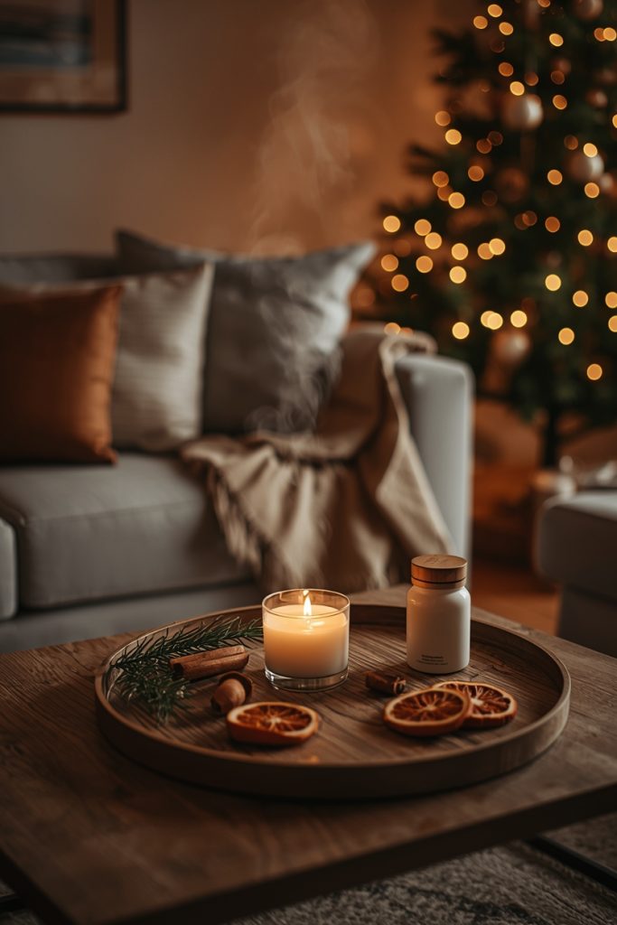 Christmas living room decor with candles, diffuser, and natural scents creating a warm and cozy holiday atmosphere.
