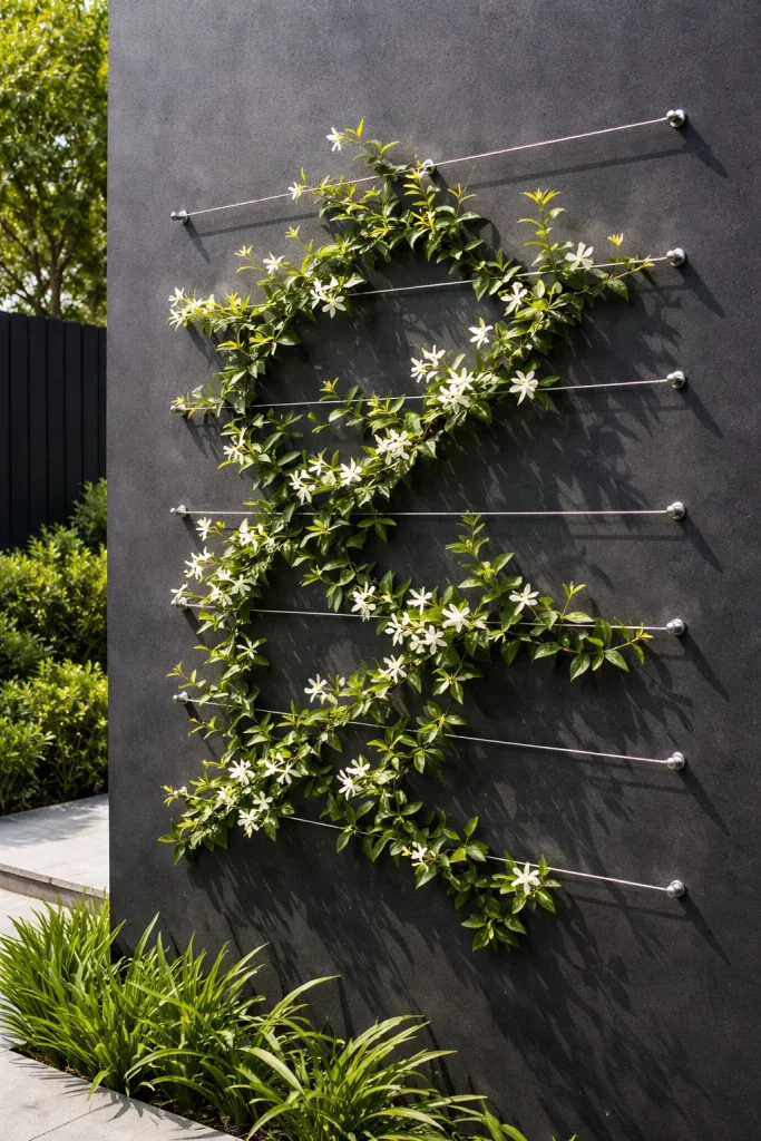 Modern horizontal wire trellis on a concrete wall β sleek modern trellis ideas for climbing plants