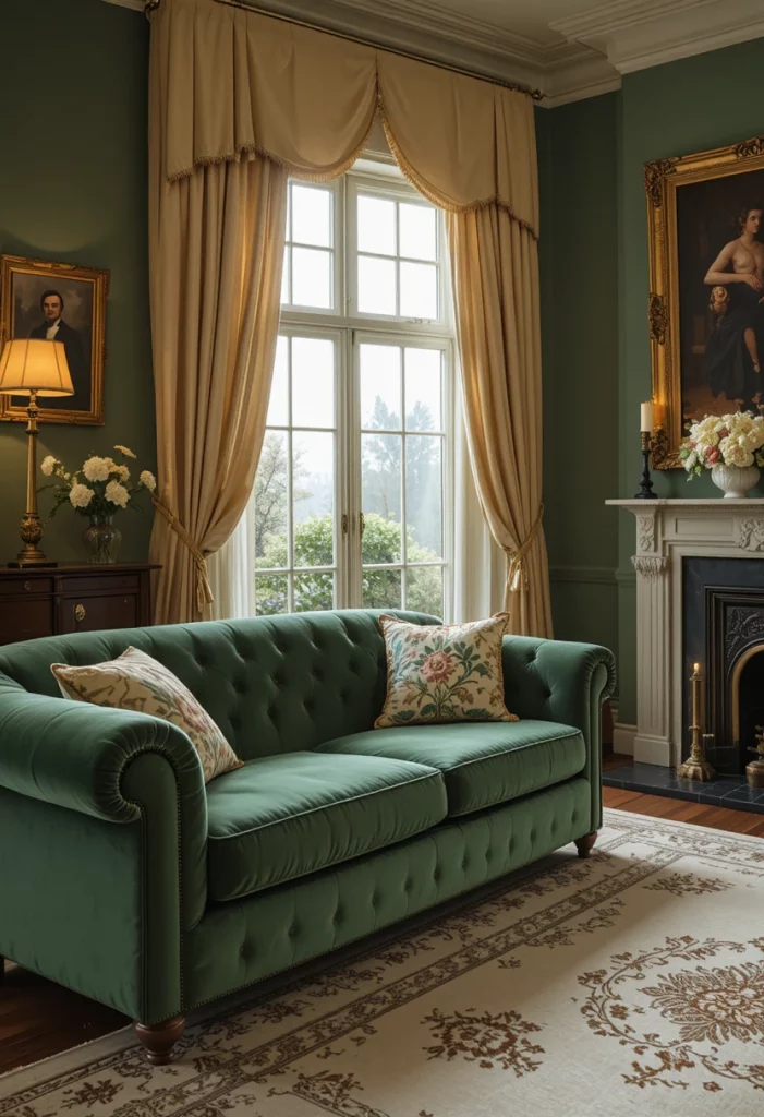 hunter green and pale yellow living room with brass accents and traditional decor