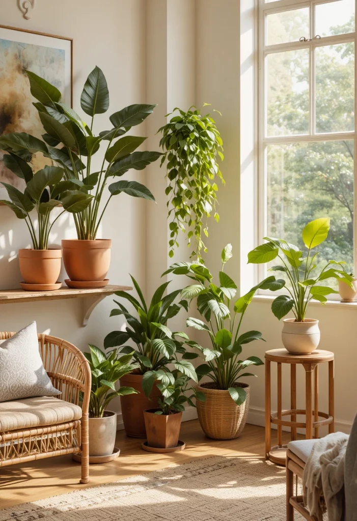 Spring living room decor ideas featuring indoor plants and greenery styled with natural textures