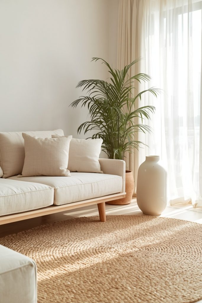 Japandi aesthetic living room 2026 with pale ash wood sofa, handmade white ceramics, and morning light through linen curtains