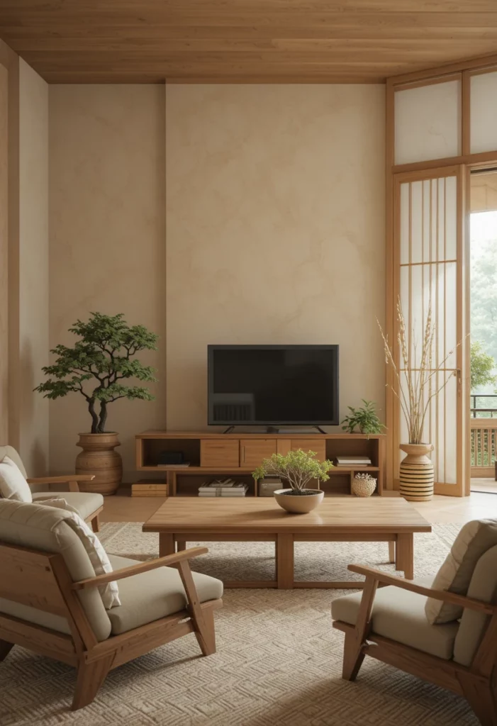 Japandi living room with low wood furniture sage green accents and warm beige walls