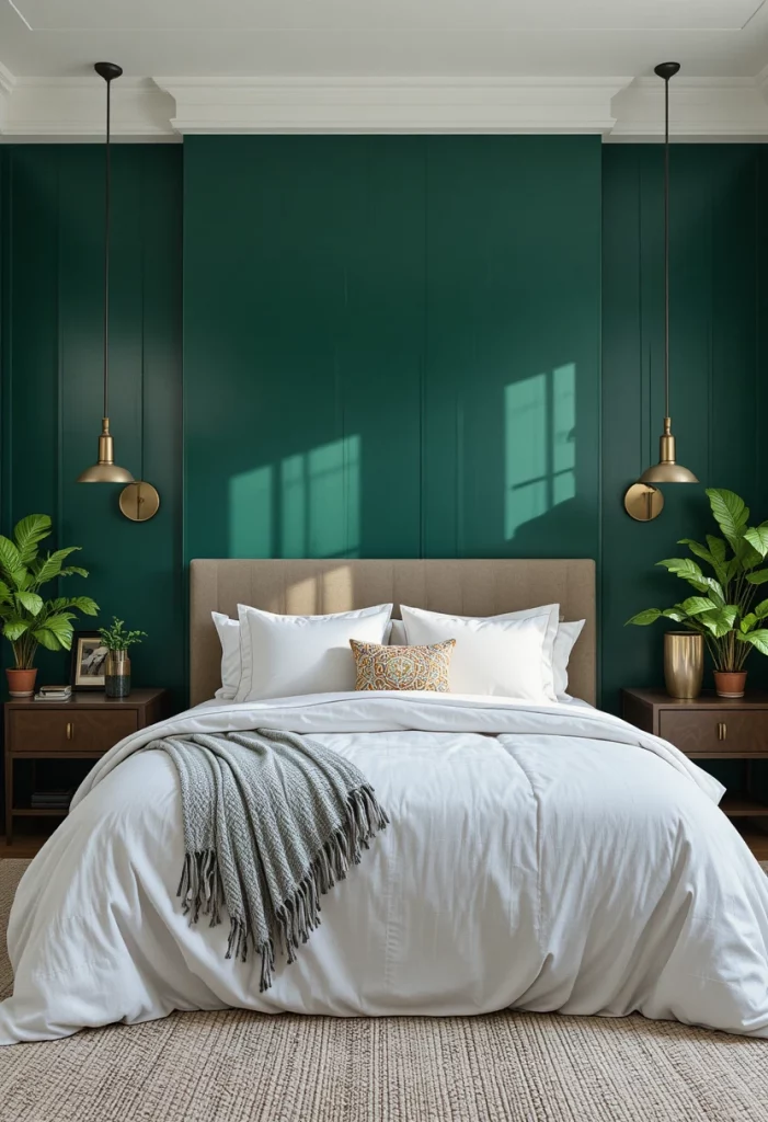 Jewel-tone emerald green accent wall in a colorful bedroom with brass lighting and white bedding