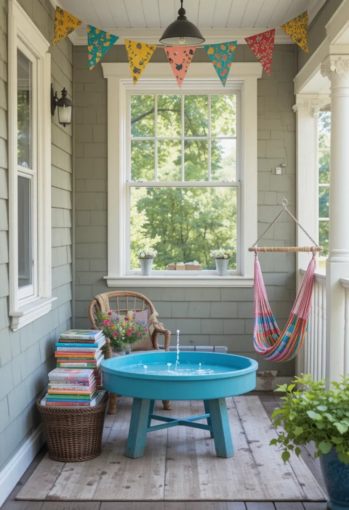 Kid-friendly summer porch corner with water table, books, and mini hammock for outdoor family fun