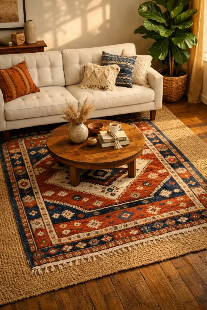 Affordable living room rug idea showing a layered Persian kilim over jute base rug under white sofa for a budget boho-modern look