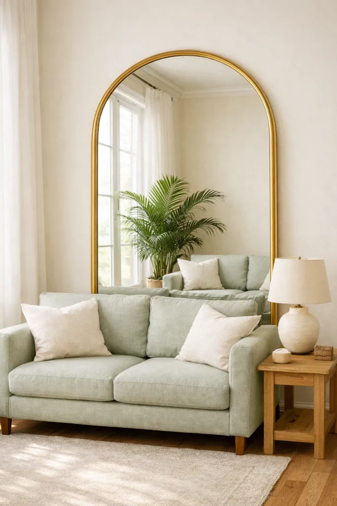 Small living room decor idea using a large arched gold mirror leaning against the wall to reflect light and make the space feel bigger