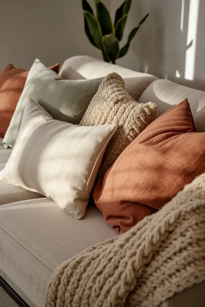 Affordable living room decor idea showing layered throw pillows in earthy tones with a chunky knit blanket on a cream linen sofa
