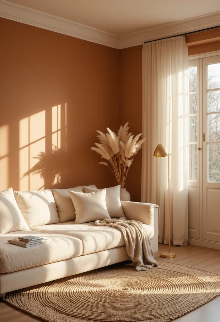 Cozy living room decor with terracotta tones, linen sofa, and warm layered textures