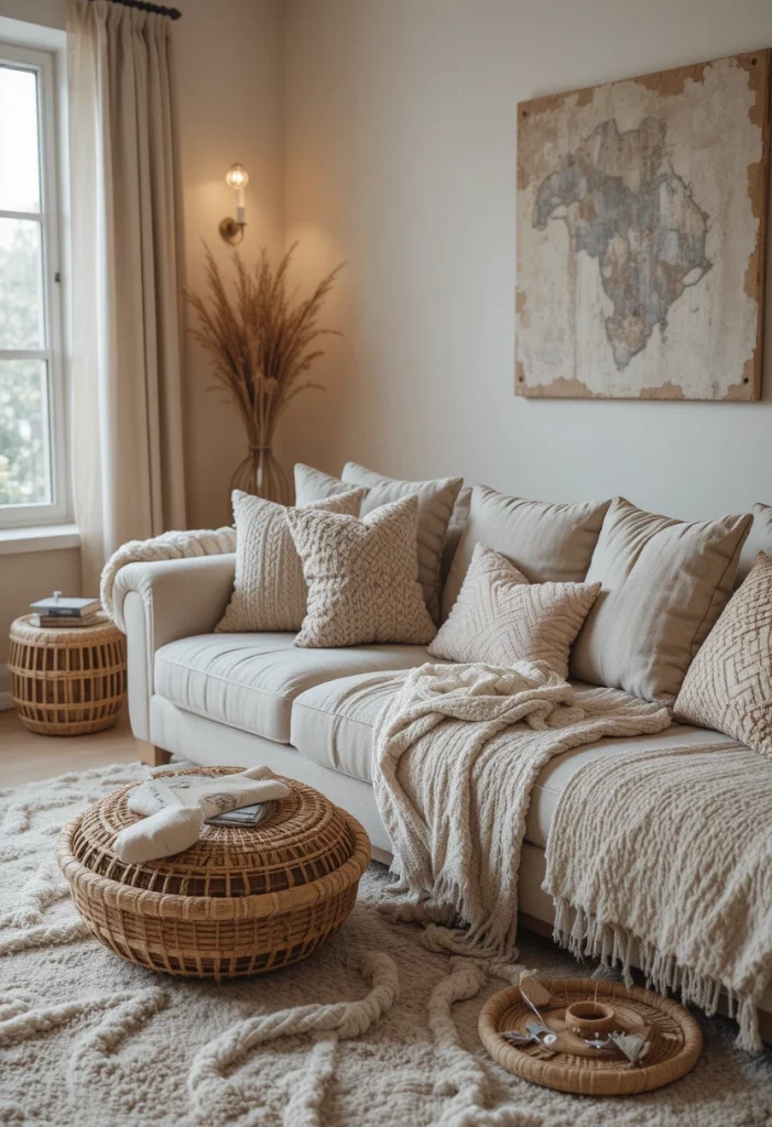 Aesthetic living room with layered textures including rug, throw, and cushions for a cozy look