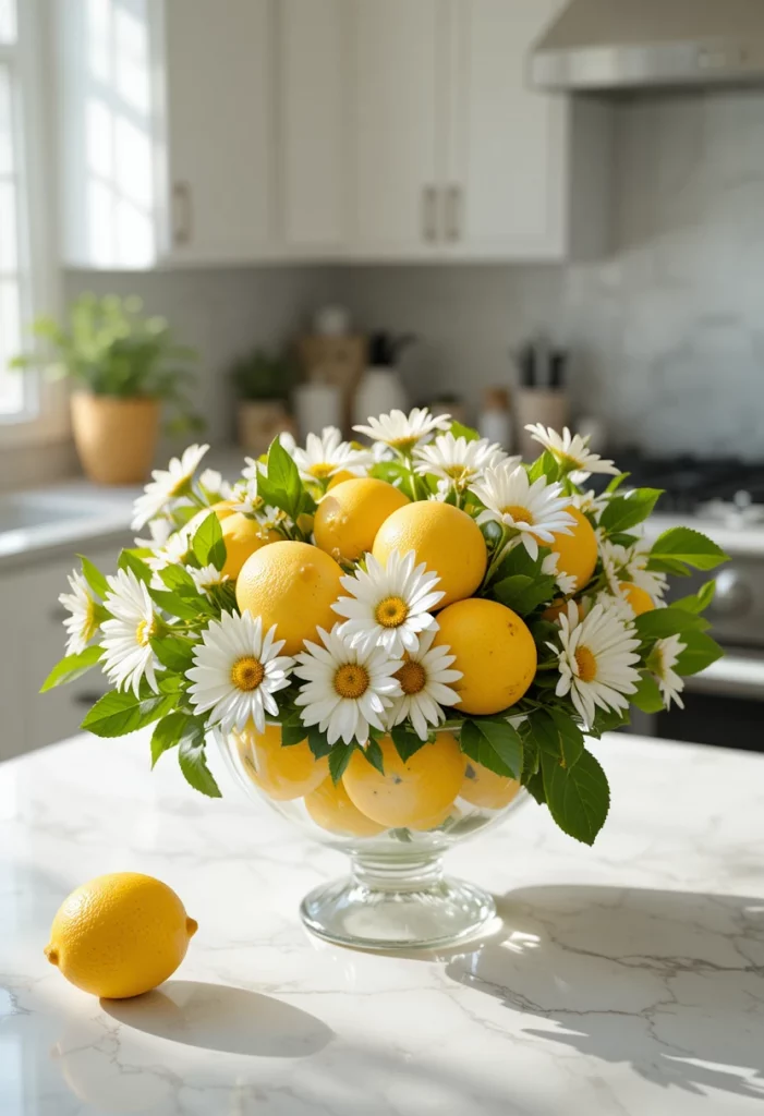 DIY lemon centerpiece with fresh lemons and flowers for spring table decor