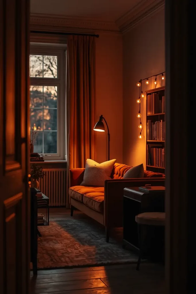 Cozy living room decor idea using layered warm ambient lamp lighting instead of overhead fixtures for an affordable moody atmosphere