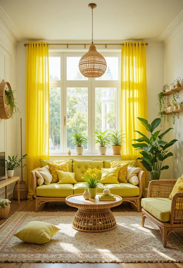 Boho living room with lime green accents and yellow sheer curtains letting in sunlight