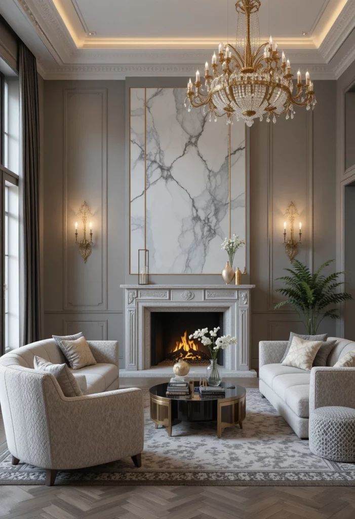Luxury living room decor with velvet curtains, marble fireplace and brass chandelier