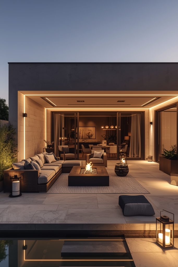 Luxury outdoor patio makeover with premium furniture, fire pit, elegant lighting, and a stylish lounge setup creating a sophisticated resort-style outdoor space.