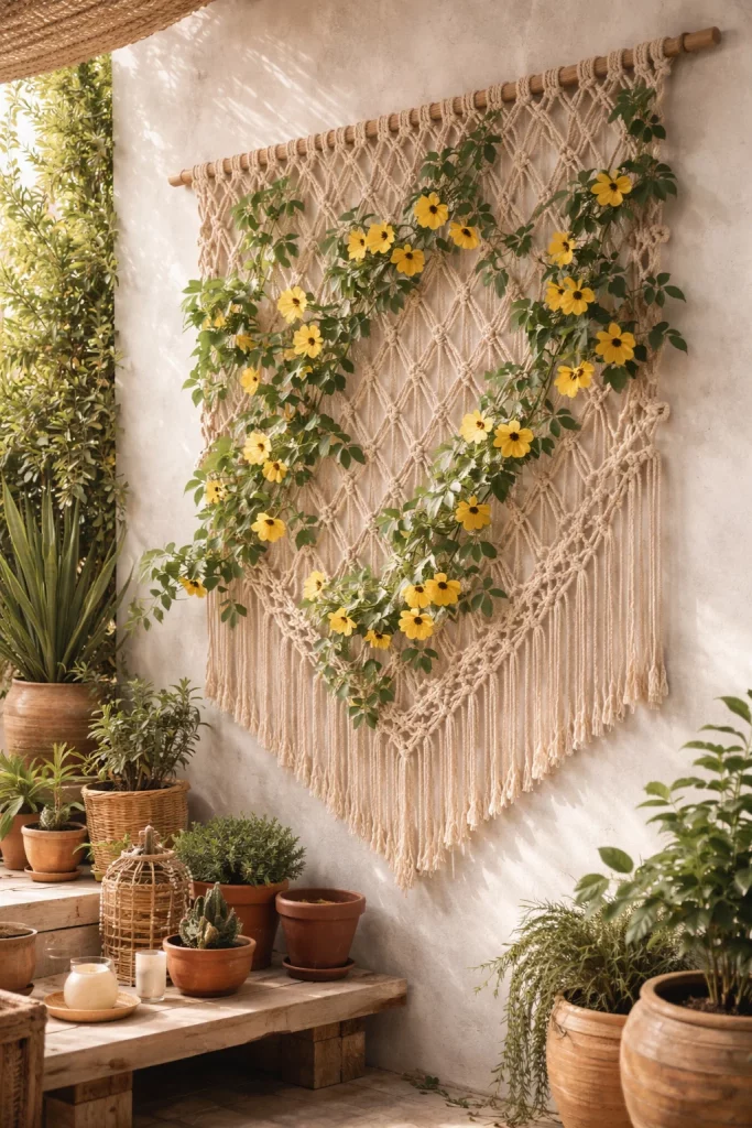 Bohemian macramΓ© trellis with thunbergia vines on patio wall β creative DIY trellis ideas for climbing plants