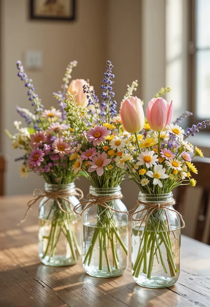 Mason jar bud vases with spring wildflowers as DIY table centerpiece