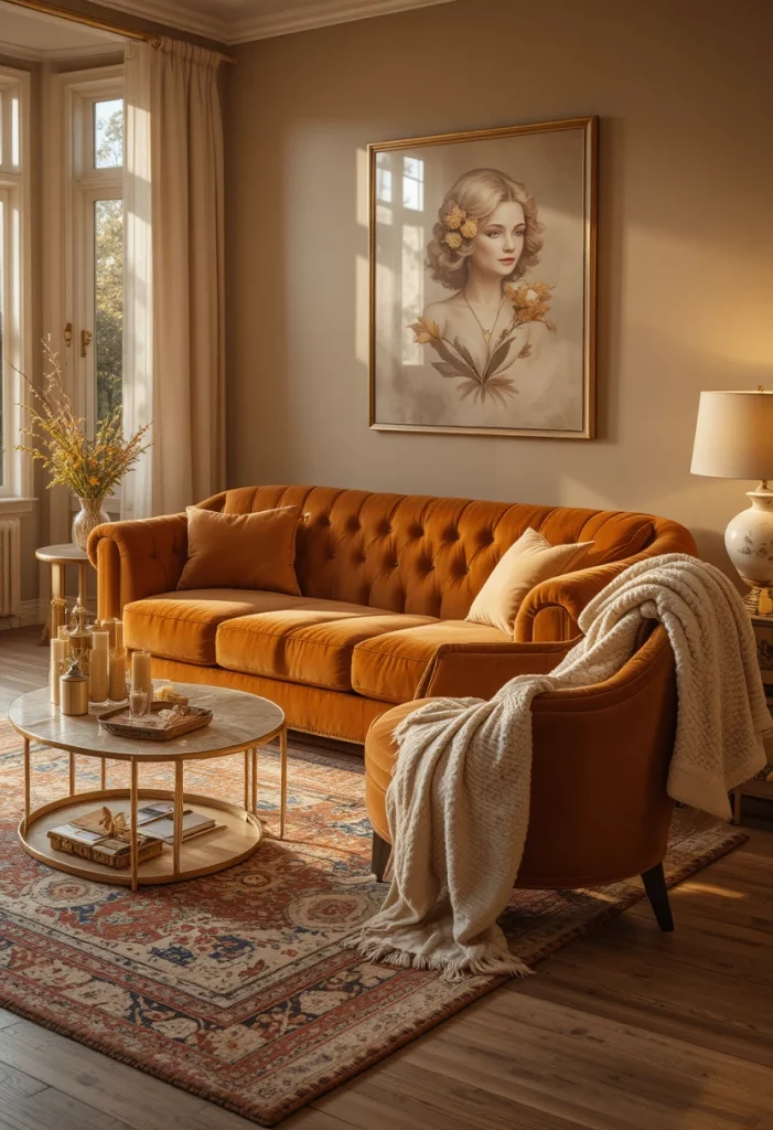 Cozy living room ideas with layered rugs, amber velvet sofa and warm candlelight ambiance