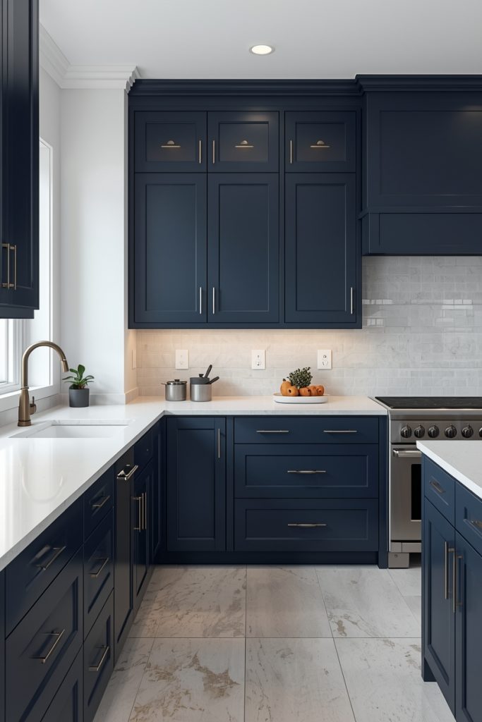 Matte dark blue and white kitchen with navy cabinets in a satin finish, white countertops and warm lighting