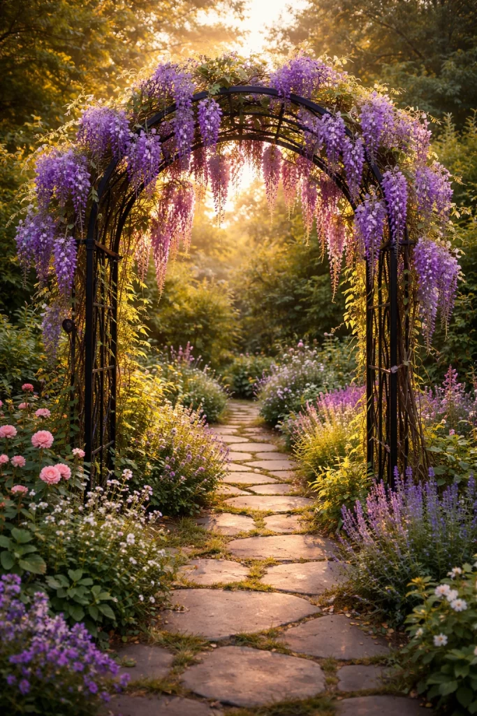 Metal arch trellis covered in wisteria β unique garden trellis ideas for outdoor pathways
