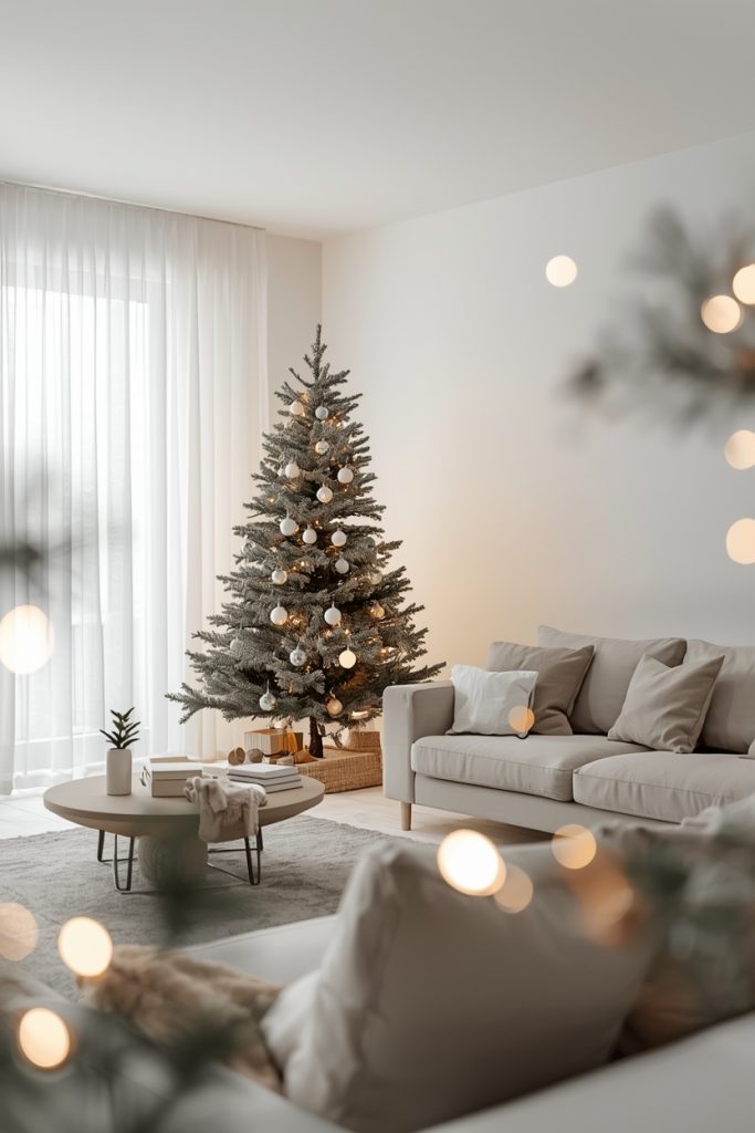 Minimal Christmas living room decor with simple tree, neutral tones, and clean layout creating a calm and peaceful holiday space.