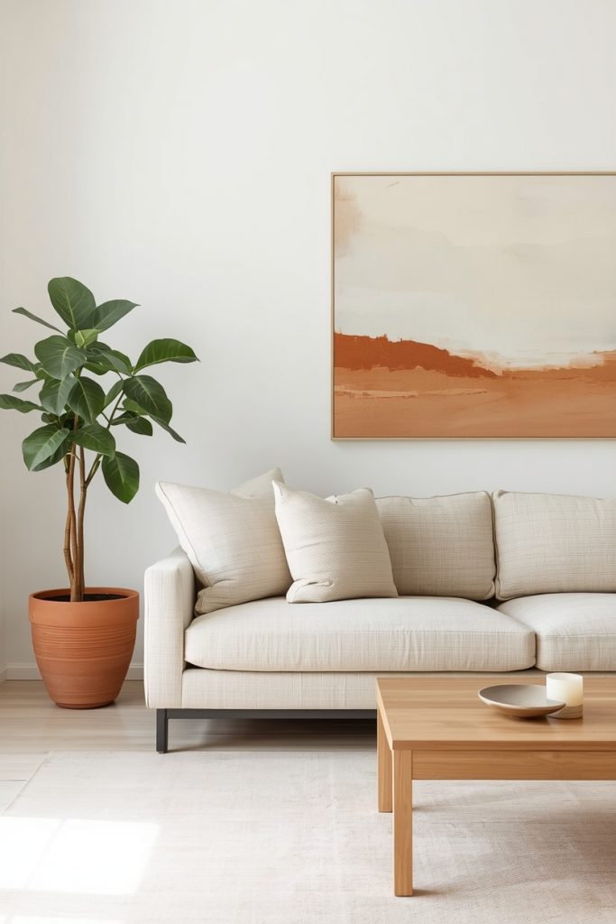 Warm minimalist aesthetic living room 2026 with oatmeal sofa, fiddle leaf fig, and intentional negative space