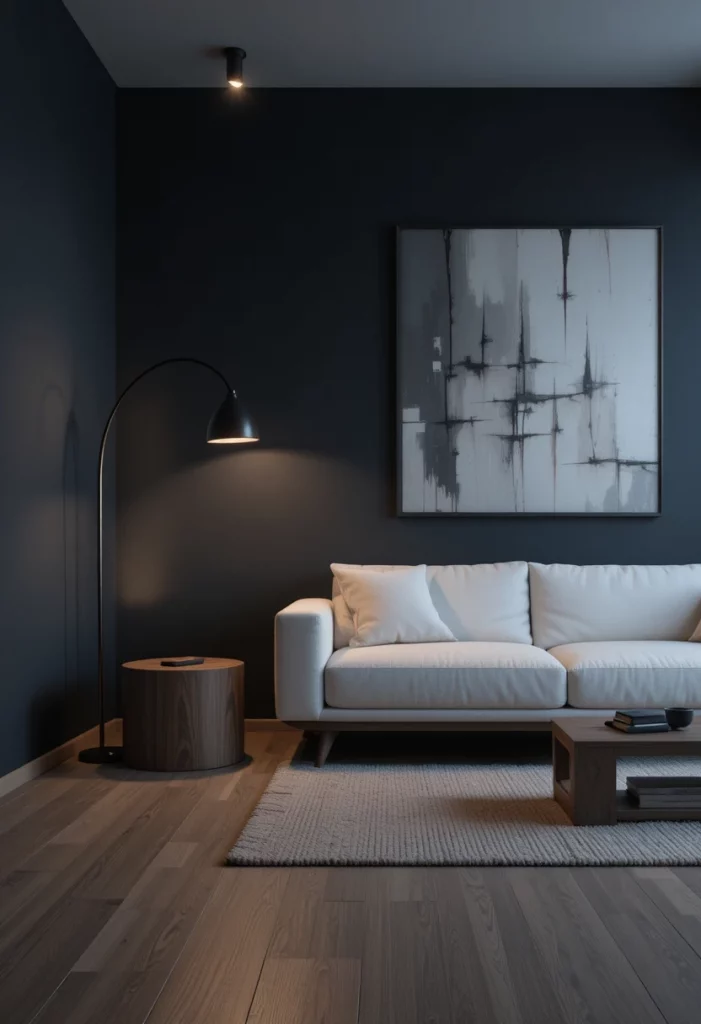 Minimalist living room design with dark navy walls, arc lamp and low-profile white sofa