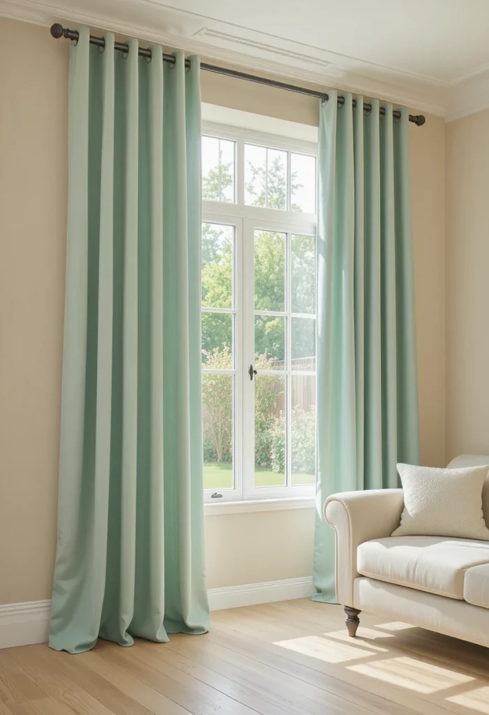 Mint green linen curtains with beige walls in a soft romantic living room