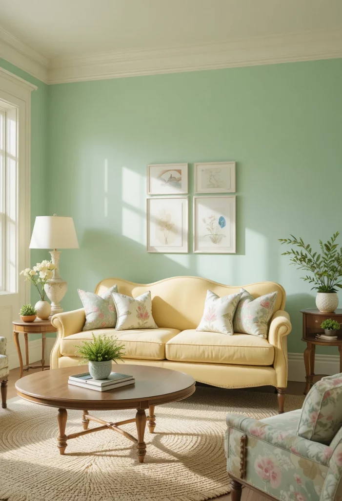 Mint green living room walls with butter yellow loveseat and pastel accents