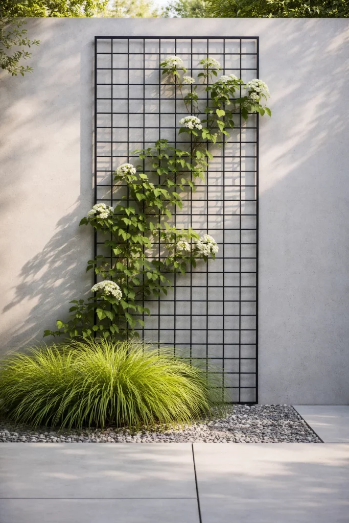 Modern trellis ideas featuring a black metal grid panel with climbing hydrangea on a concrete garden wall